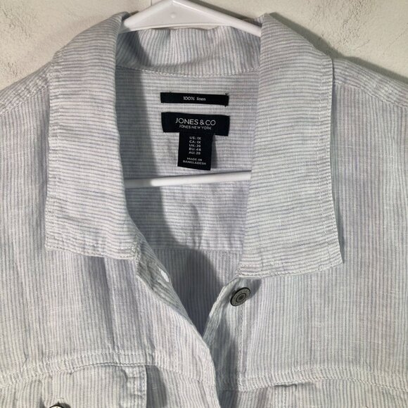 Womens Jones & Co Striped Linen Jacket White Blue 1X Linen Pockets - Picture 4 of 10